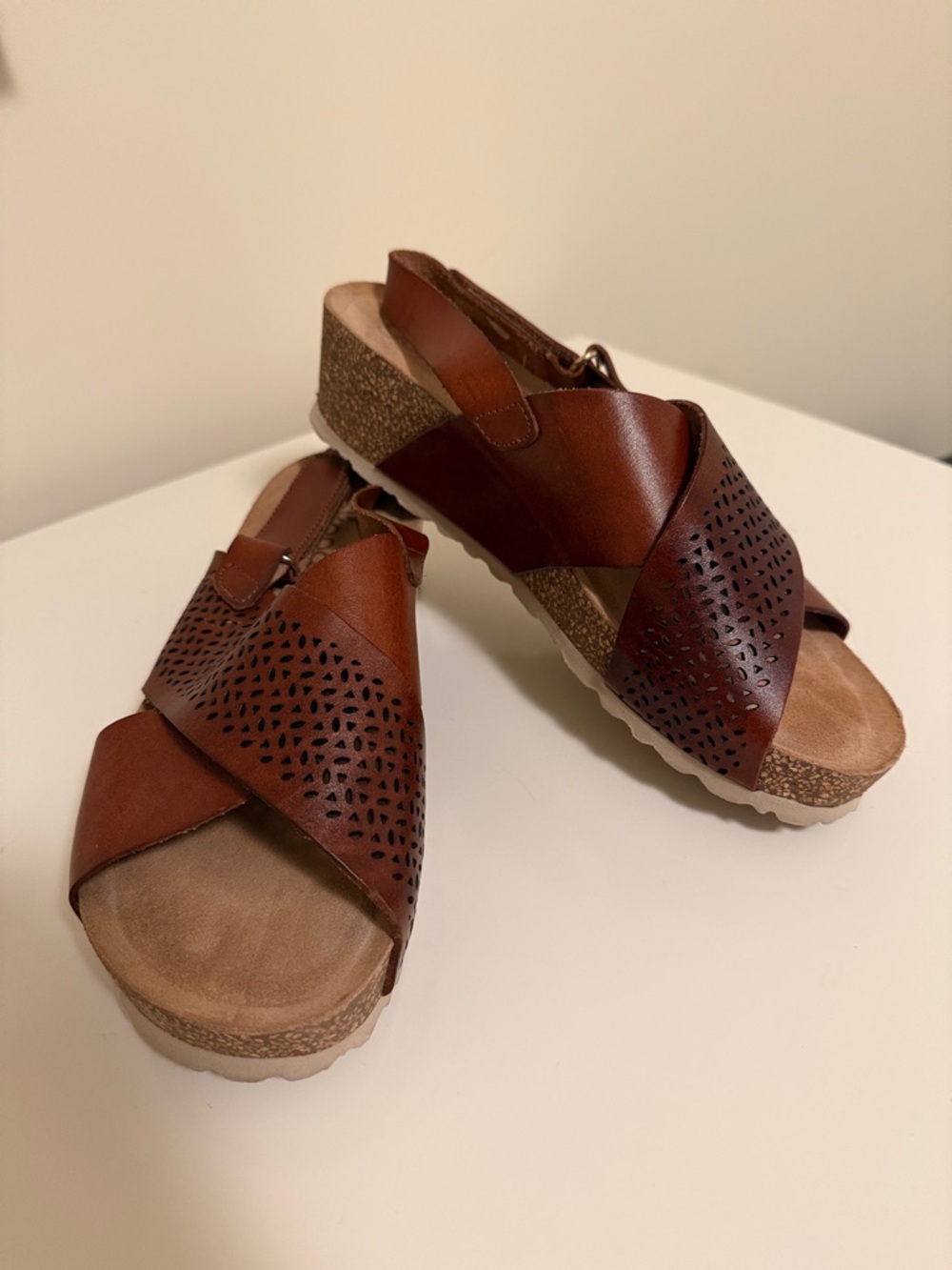Women’s Brown Leather Cork Wedge Slingback Sandals